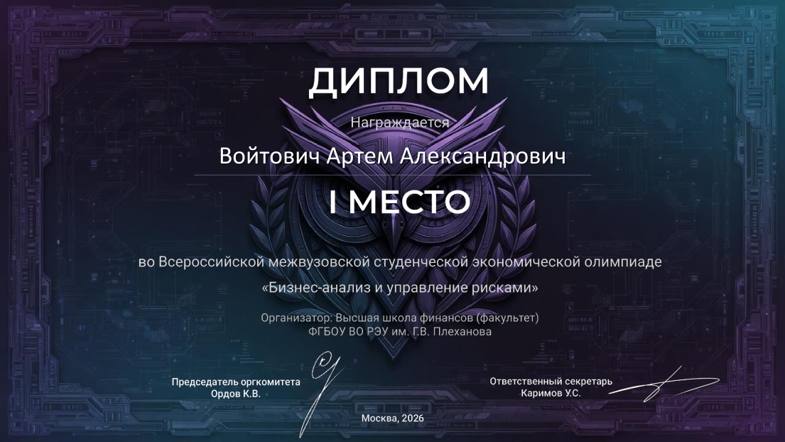 Диплом Всероссийской межвузовский студенческой экономической олимпиады «Бизнес-анализ и управление рисками»